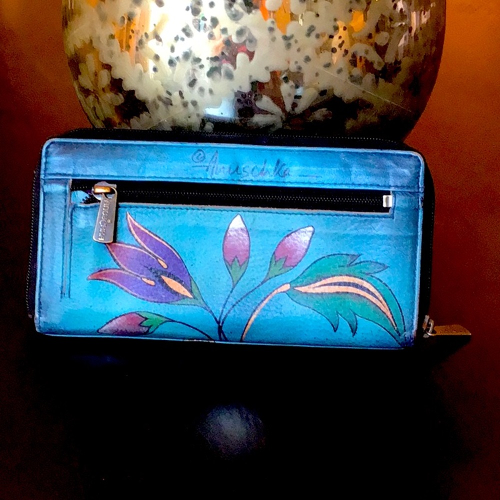 ANUSCHKE BLUE HAND PAINTED FLOWER WALLET